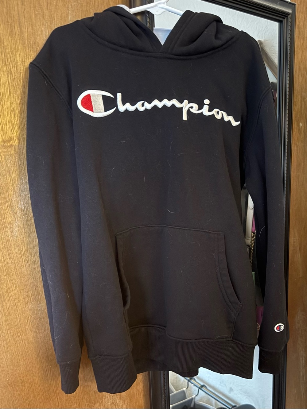 Champion Black Hoodie with White & Red Logo